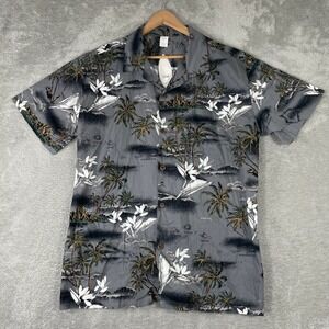 Palmwave Hawaiian Shirt Mens XL Gray Tropical Palm Tree Island Aloha Button Up
